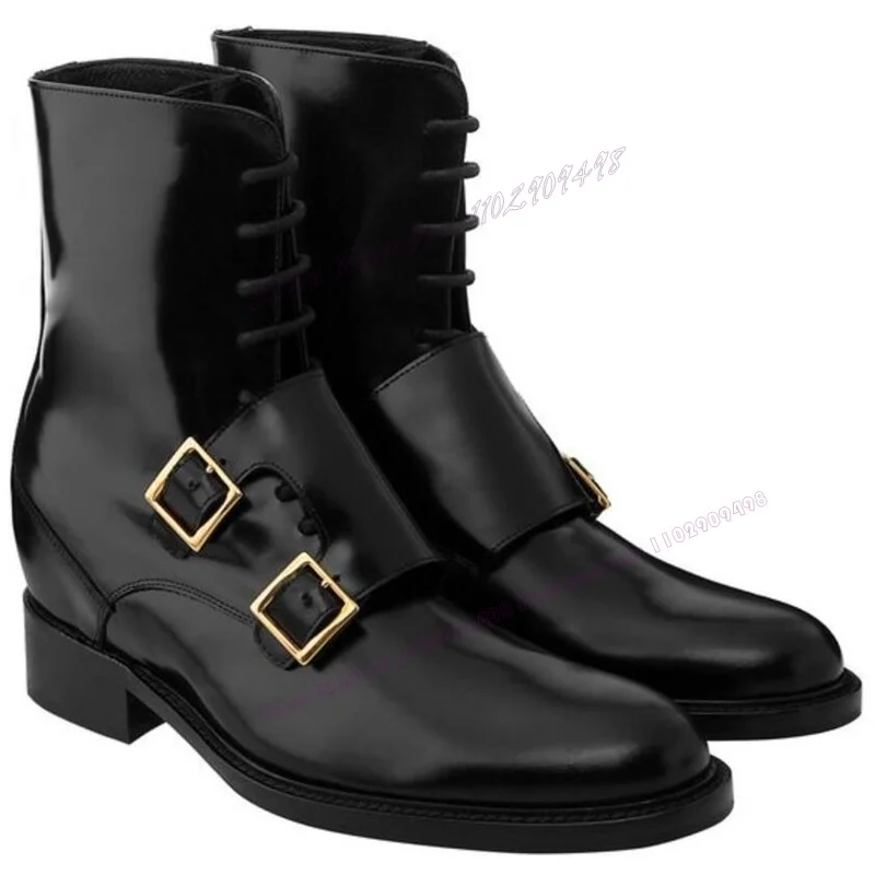 

Men's Buckle Decor Lace Up Boots Black Patent Leather Round Toe Chunky Heel Business Handmade Shoes 2023 New Style Shoes for Men