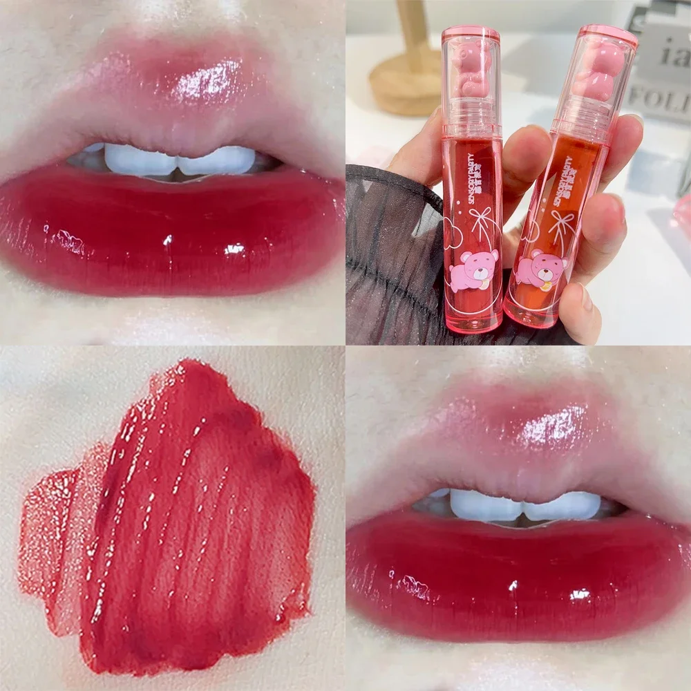 Cute Bear Mirror Water Lip Glaze Moisturizing Sexy Red Lip Tint Lipstick Lasting Non-stick Cup Lipgloss Lip Makeup Korean Makeup