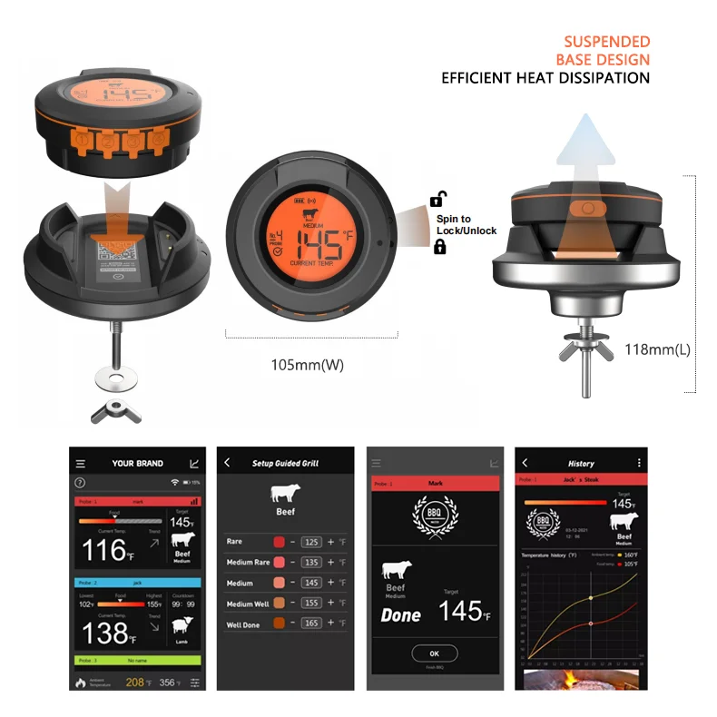 Barbecue Thermometer IP54 Waterproof Smart Alarm & Timer Digital Thermometer with Metal Probe LCD Display for Oven Barbecue