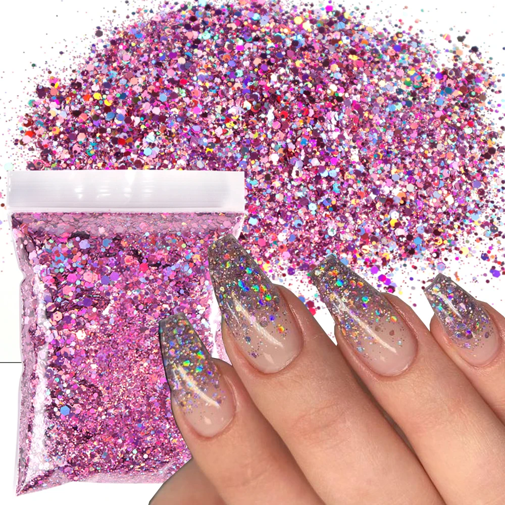 50G Holo Laser Roze Dikke Nagel Glitter Gemengd Zeshoek Pailletten Poeder Bulk Flash Flash Flash Flash Voor Gel Polish Diy Manicure Decoratie *