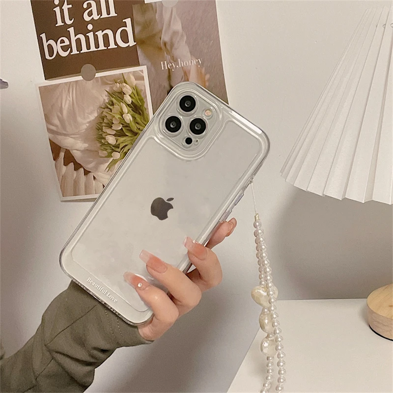 Cute Pearl Love Heart Chain Clear Phone Case For iPhone 14 15 13 12 11 Pro XS Max X XR 7 8 Plus  Jelly Shockproof Soft Cover