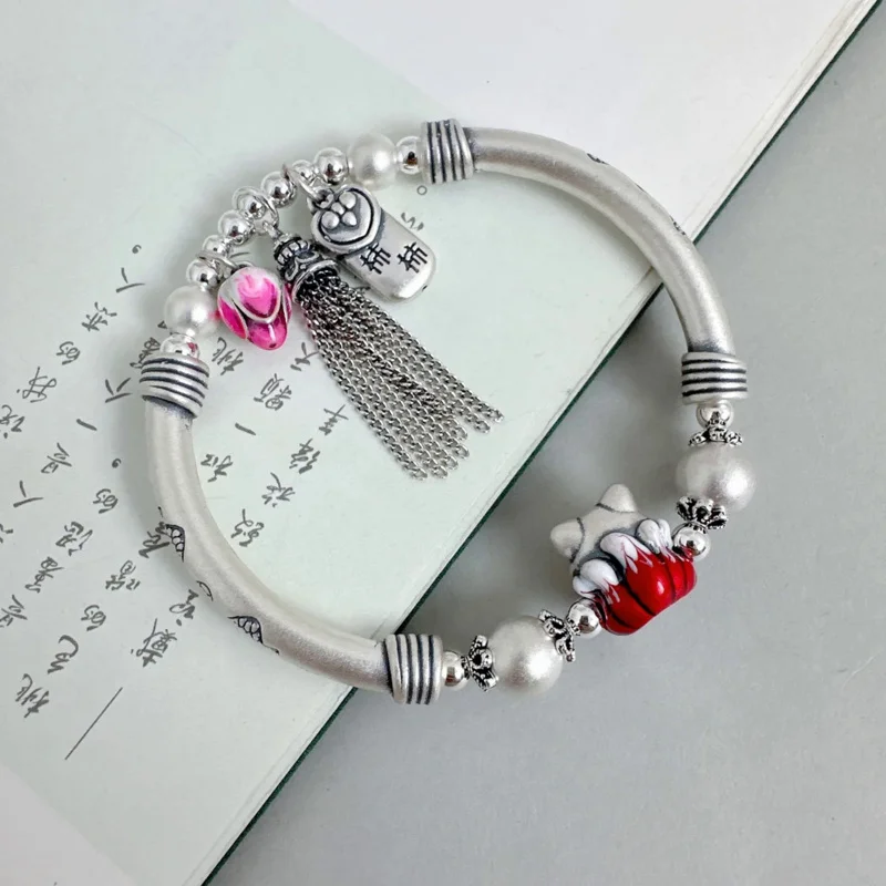 999 Silver Fox Lotus Tassel Charms Bracelets For Women Girls Original Handmade Silver Beaded Hand Jewelry Gifts Wholesale SL111