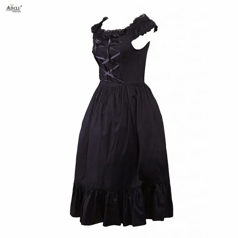 Gothic Womens Lolita Dress Cotton Dark Black Short Sleeves Middle-Long Court Lolita Formal Dress Cosplay XS-XXL Party Club