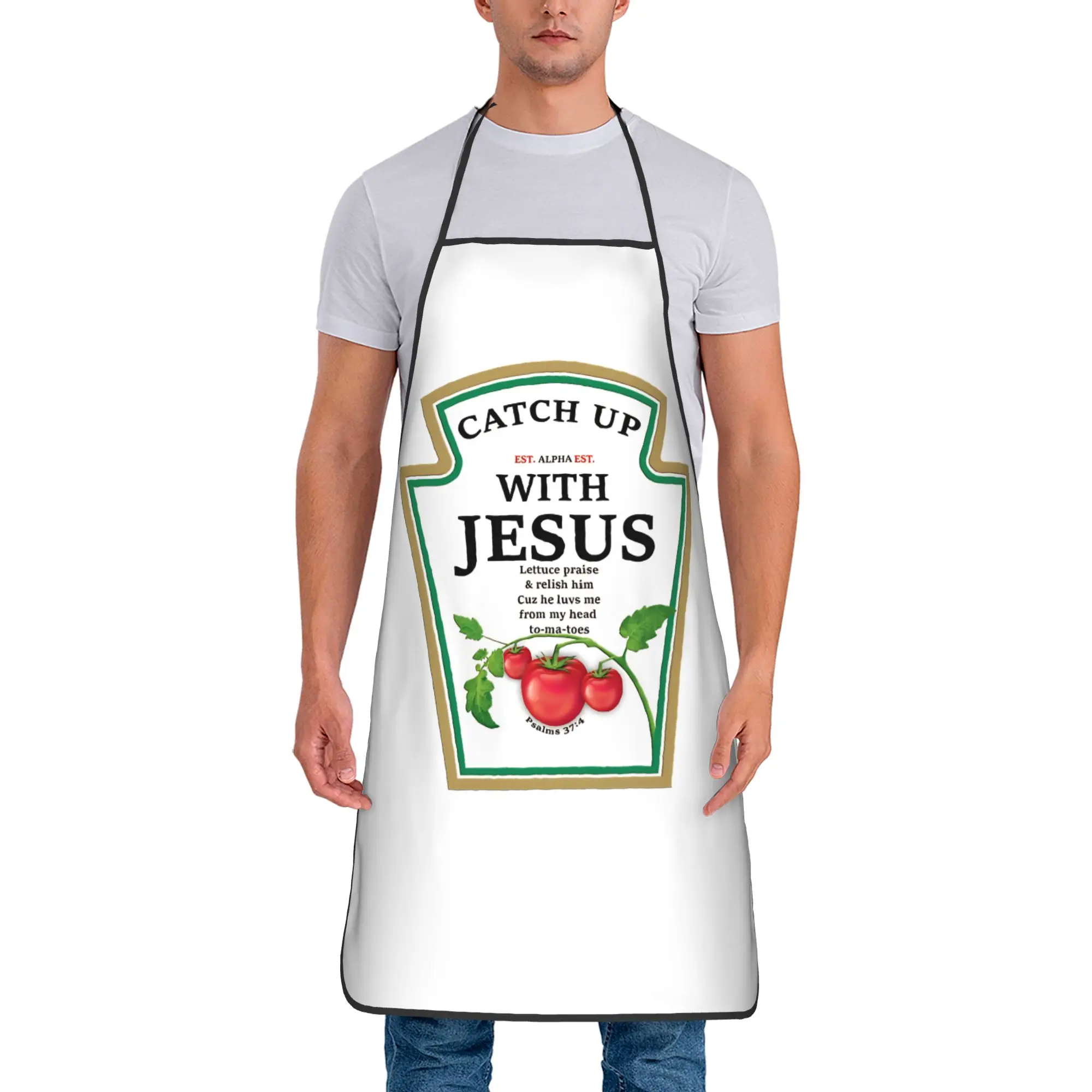 Catch Up With Jesus Ketchup Oil-Proof Bib Apron Fashion Polyester Funny Christian Household Adult Women Men Picnic Accessories