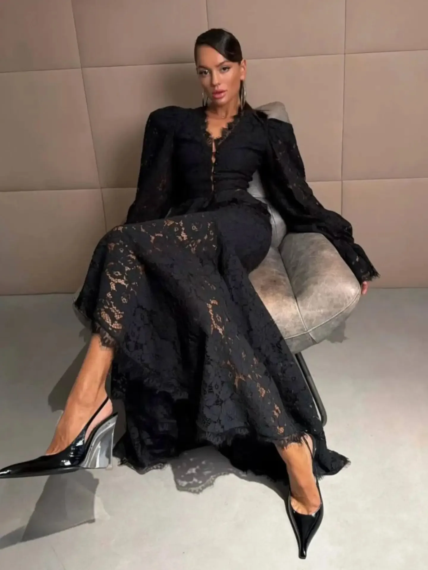 Suninhear Fall Outfits Woman Mermaid Maxi Dress Sets Black Lace 2 Piece Set Long Sleeve Crop Top and Skirt Elegant Matching Sets