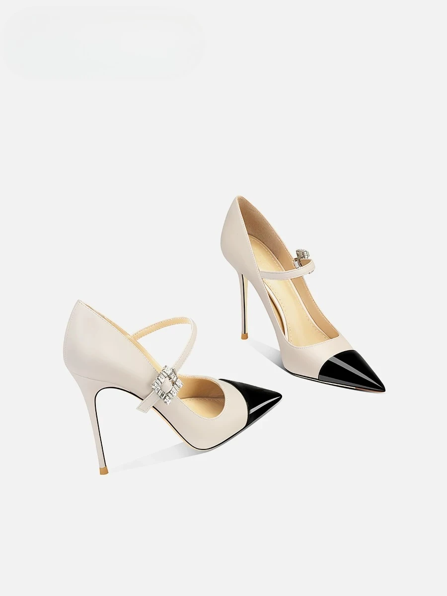 New European and American rhinestone flat high-heeled shoes with thin heels light mouth color blocking, pointed toe single shoes