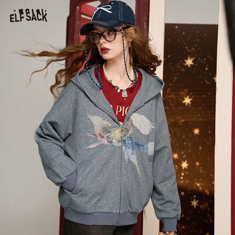 ELFSACK 2024 Autumn New Arrive Oatmeal color college style printed long sleeve loose hooded sweatshirt jacket for women