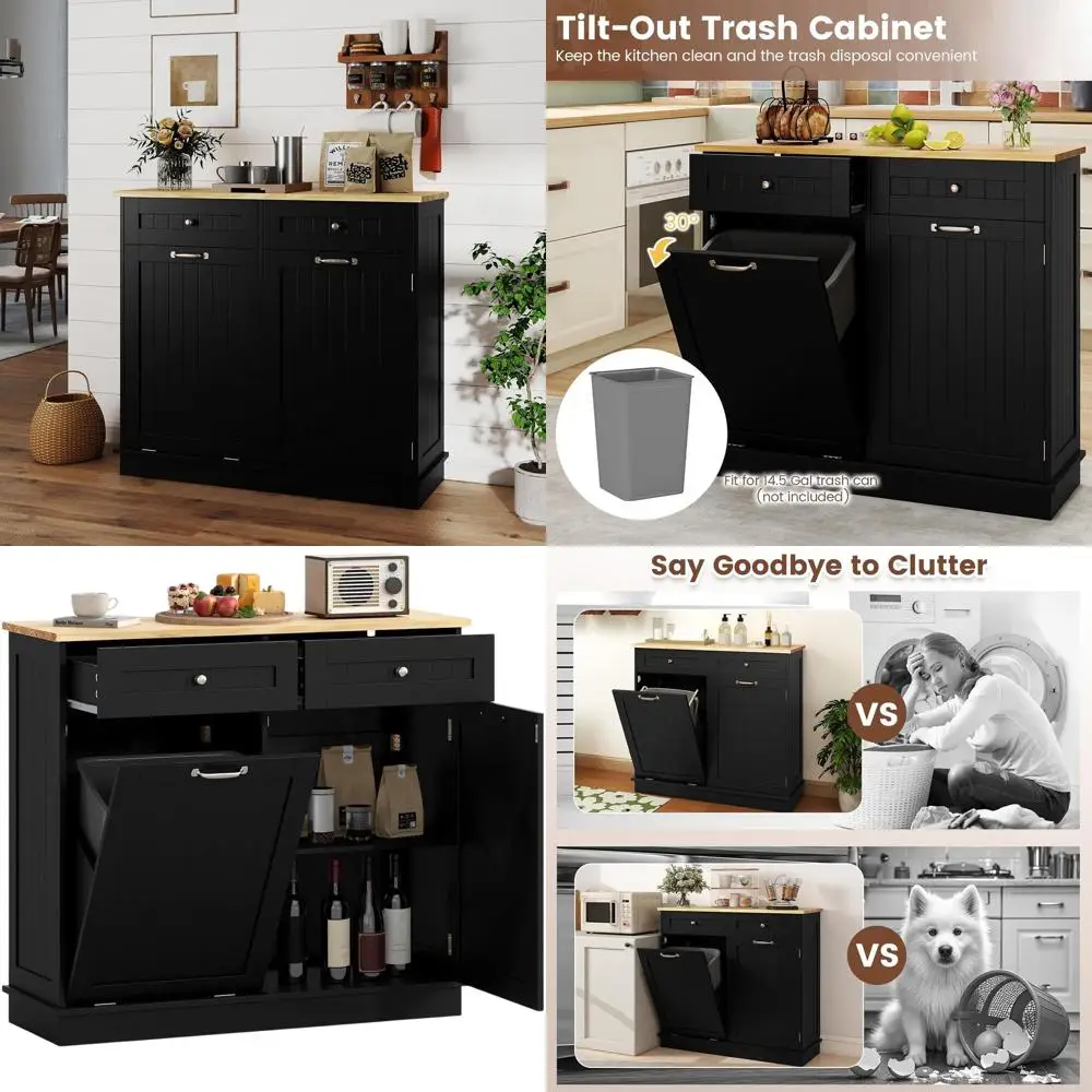 

Adjustable Shelved Sideboard with Trash Cabinet, Pet Proof Recycling Holder, and Black Laundry Hamper for Dining Spaces