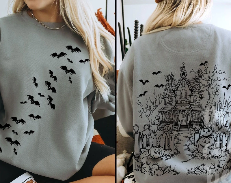 

Свитшот на Хэллоуин в стиле «Дом с привидениями», с принтом летучих мышей, с круглым вырезом, для вечеринки на Хэллоуин, винтажный пуловер для сезона призраков, модный свитер на Хэллоуин
