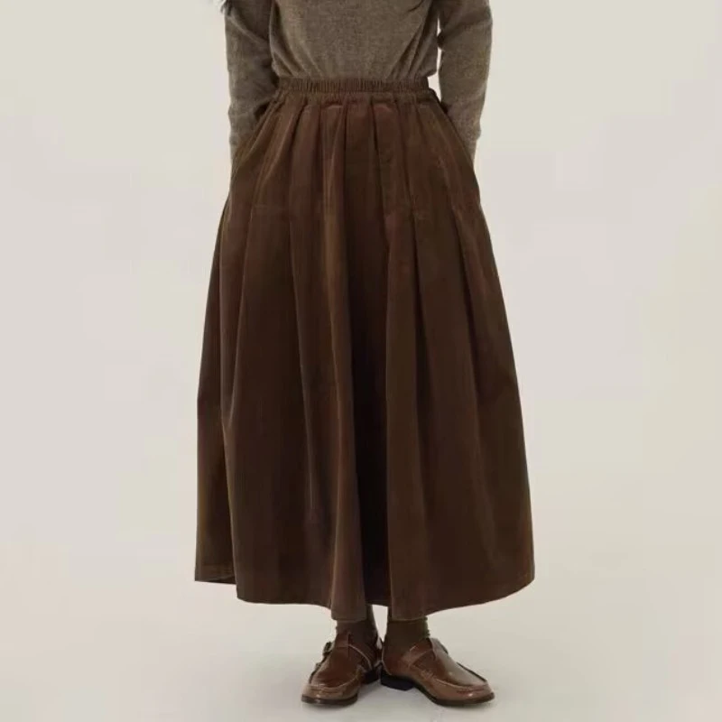 

Retro Pure Color Corduroy High Waist A-Line Skirt Women's plus Size Autumn Winter New Sle Slimming Midi Length Skirt