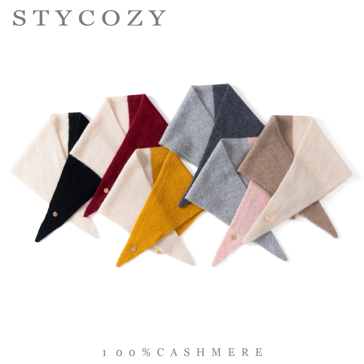 100% Women Small Triangle Scarf Color Block Knitted Neckerchief Metal Tag Autumn Winter Warm Elegant Female Office Neckwear