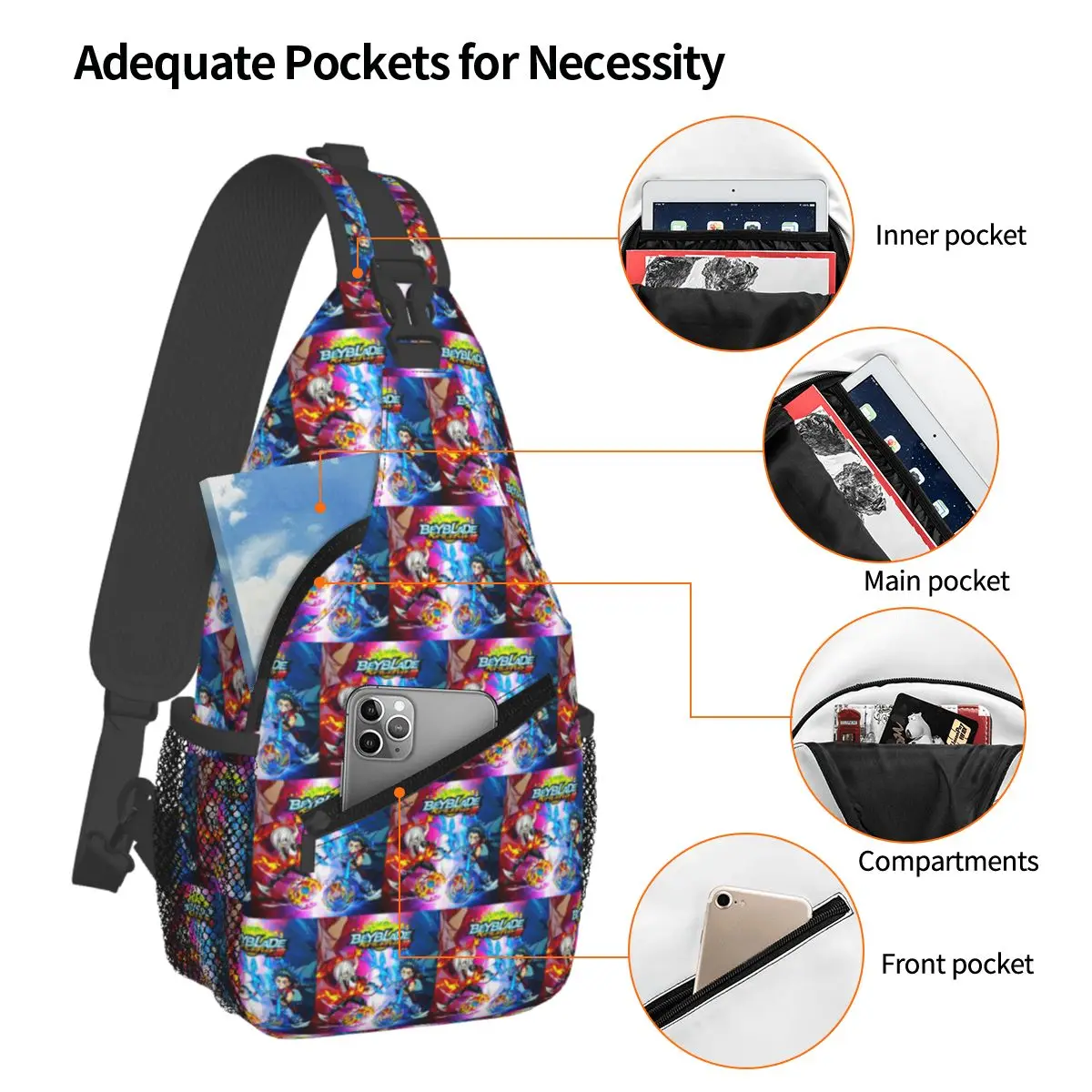 Beyblade Burst Evolution Chest Bag Men Sling Crossbody Backpack Chest Bag Travel Hiking Daypack Shoulder Bag