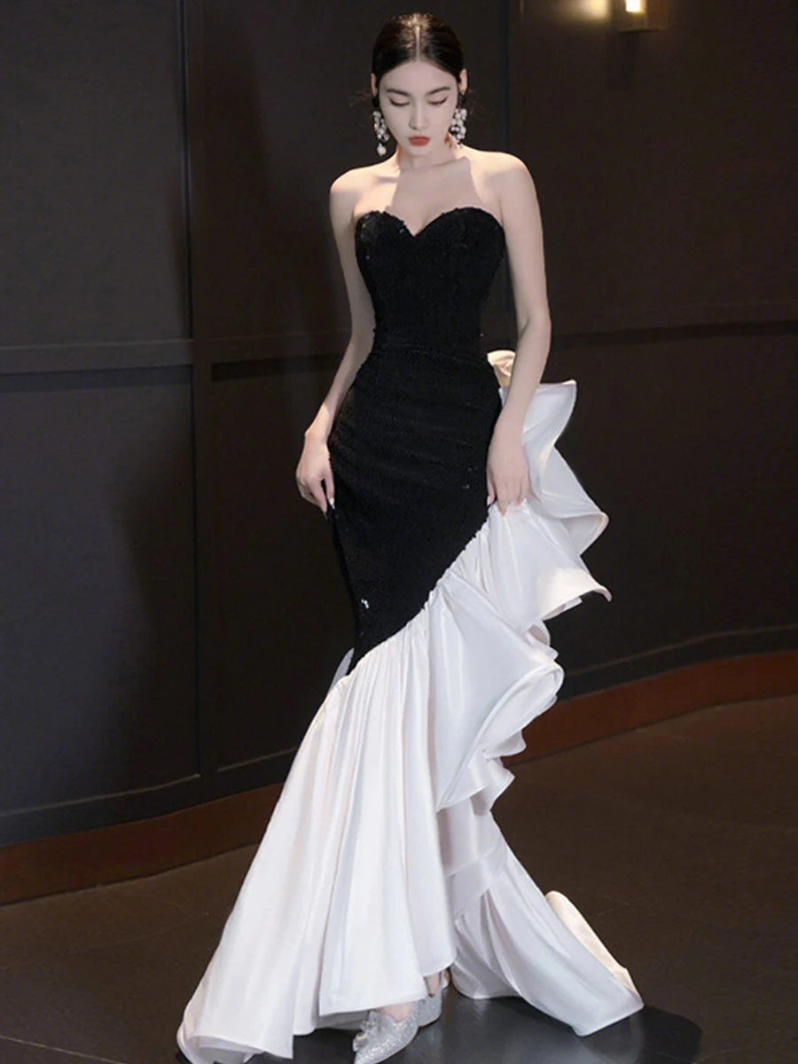 

Сексуальное длинное платье без бретелек с рюшами для женщин, вечернее платье для вечеринок, черно-белое, макси, из полиэстера