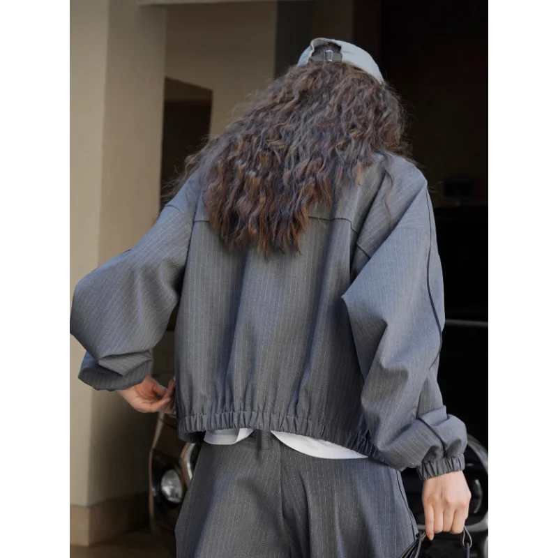 Spring 2024 Casual Striped Jackets Women Zipper Stand Collar Windproof Crisp Loose Slim Coats Navy Blue Grey Famale Clothing