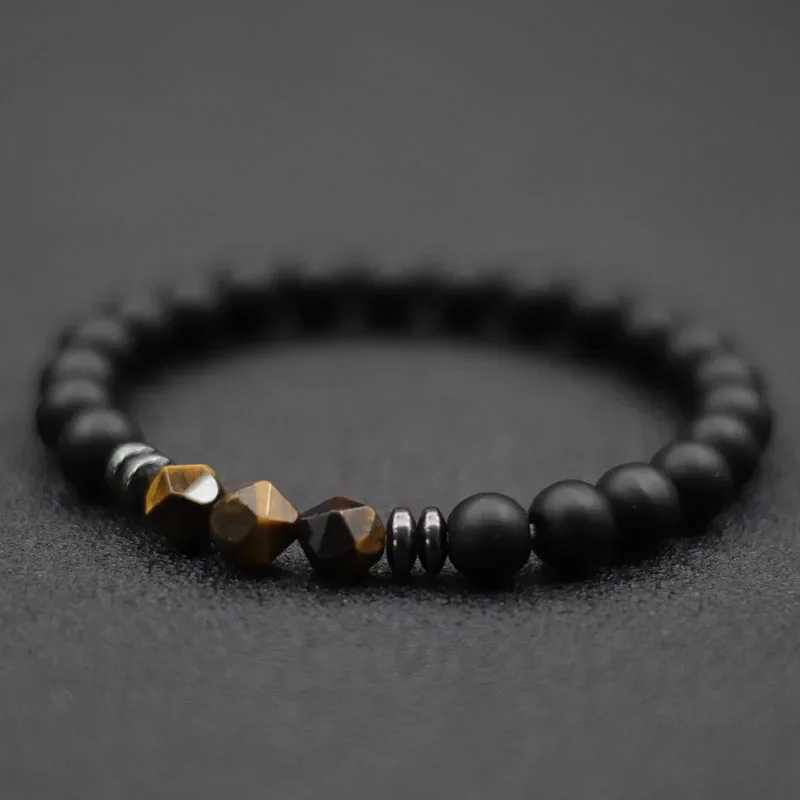 8mm Men's Natural Stone Bracelet with Black Onyx, Irregular Tiger Eye, Sodalite - Healing Energy Beads