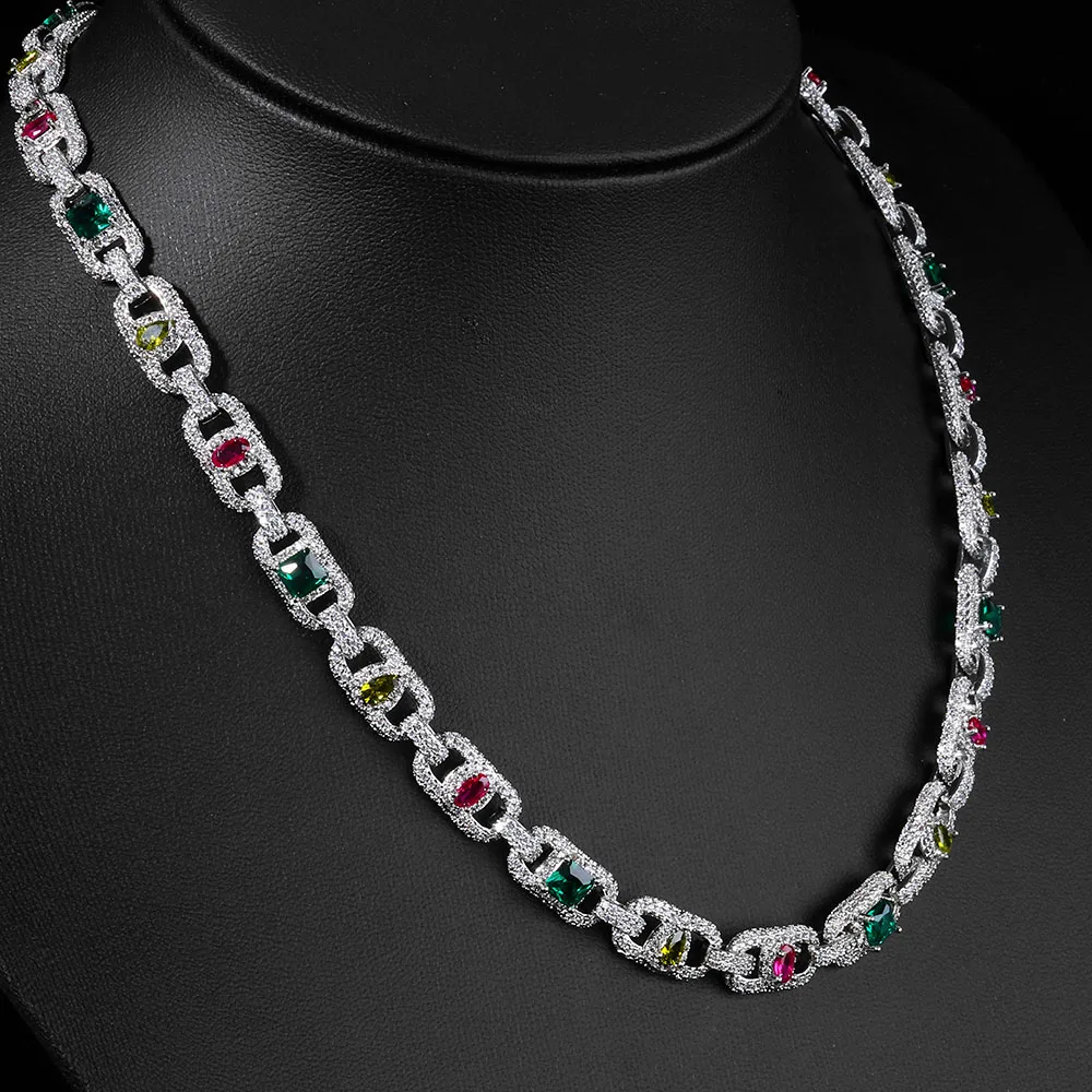 

ESKEEM Iced Out Diamond Кубинская цепочка с серебряным покрытием, смешанная инкрустация, красочный циркон, очаровательное ожерелье в стиле хип-хоп