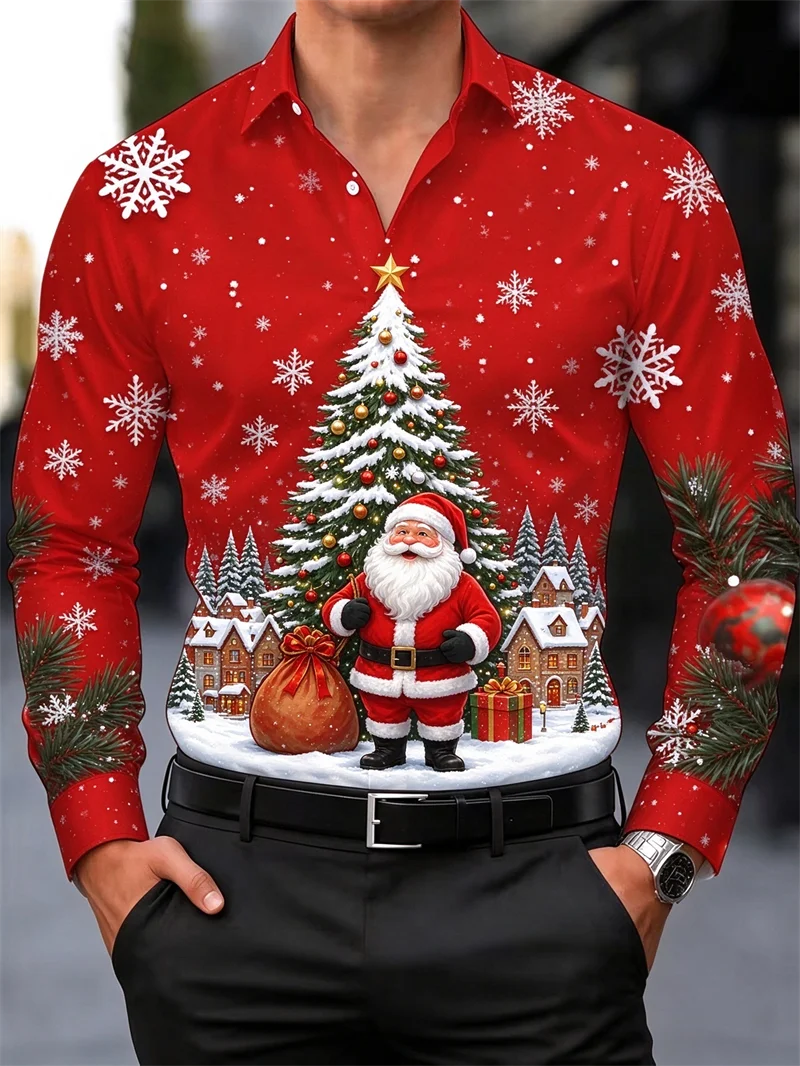 New men's shirt in red satin Santa Claus Christmas tree snow town snowflake print slim fit trendy men's shirt