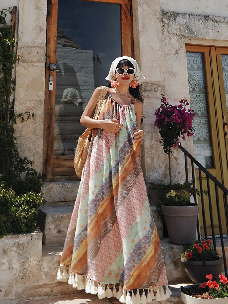 94-98cmBust Summer Holiday Maxi Dress Women FrenchElegant Loose Island Resort Style Striped Floral Fringed Spaghetti Strap Dress