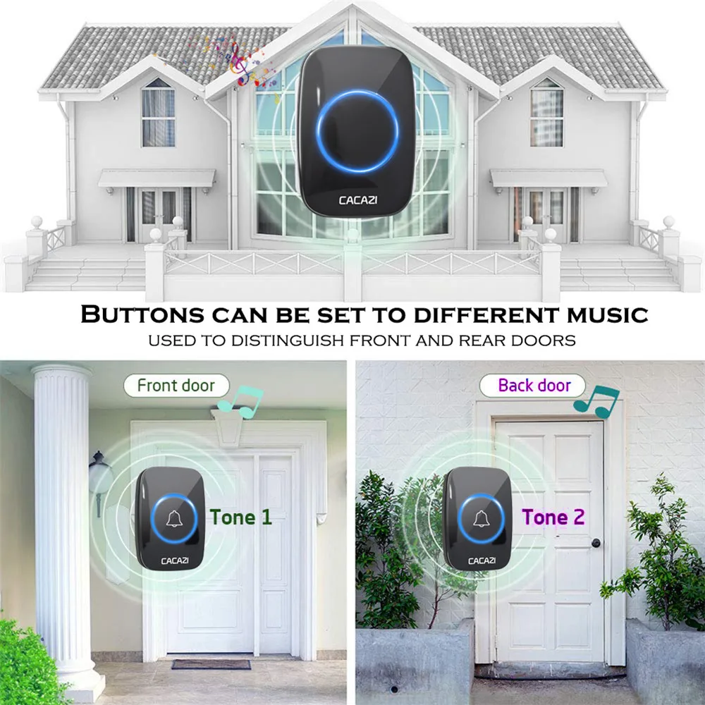 CACAZI 110DB 300M 60 Chime Waterproof Wireless Doorbell Remote EU Plug Smart Doorbell Battery 1 Button 2 Receiver