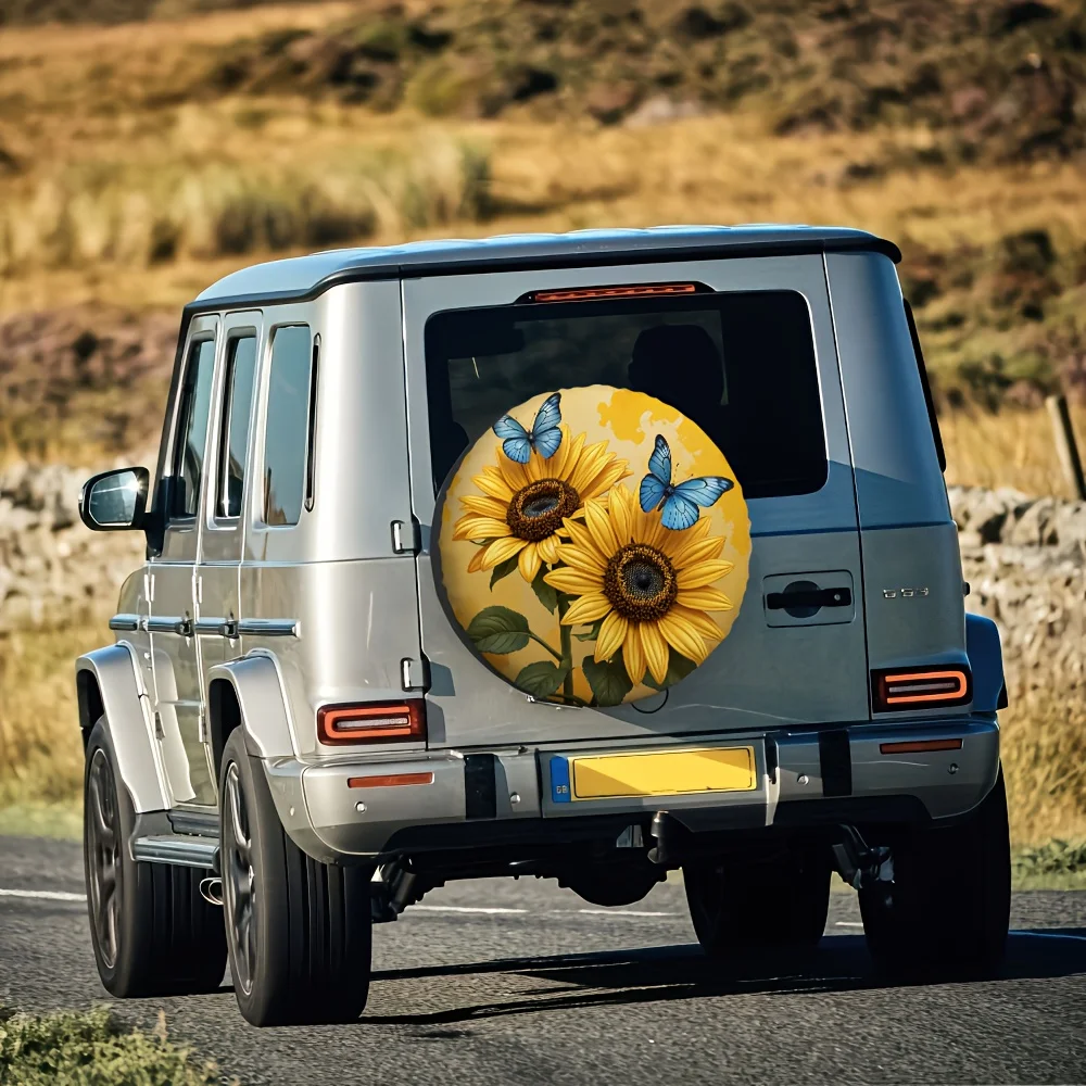 One Piece Of 2D Flat-Printed Tire Cover Featuring Sunflowers, Daffodils, And A Butterfly, Made From 100% Polyester Fabric. Ideal