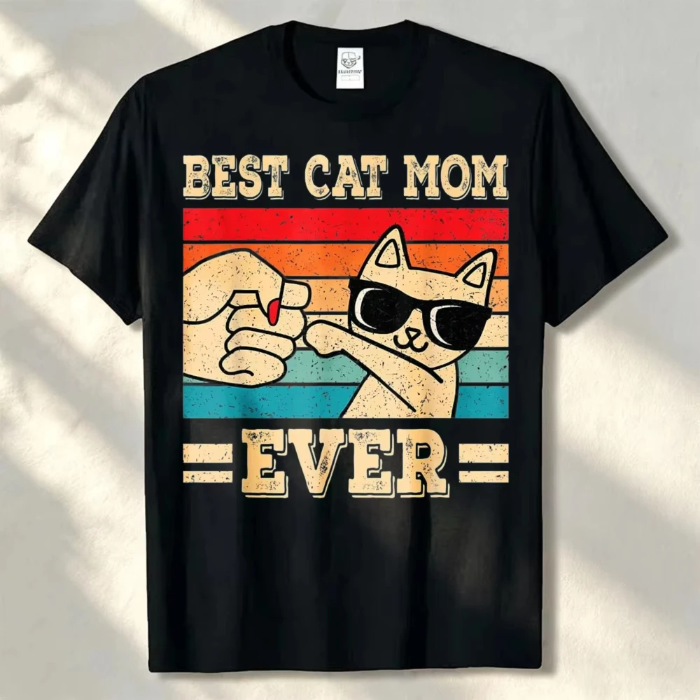 Best Cat Mom Ever Funny Kitten Lover Graphic T‑shirt Unisex Vintage Washed Cotton Short Sleeve Harajuku Streetwear Casual Tops