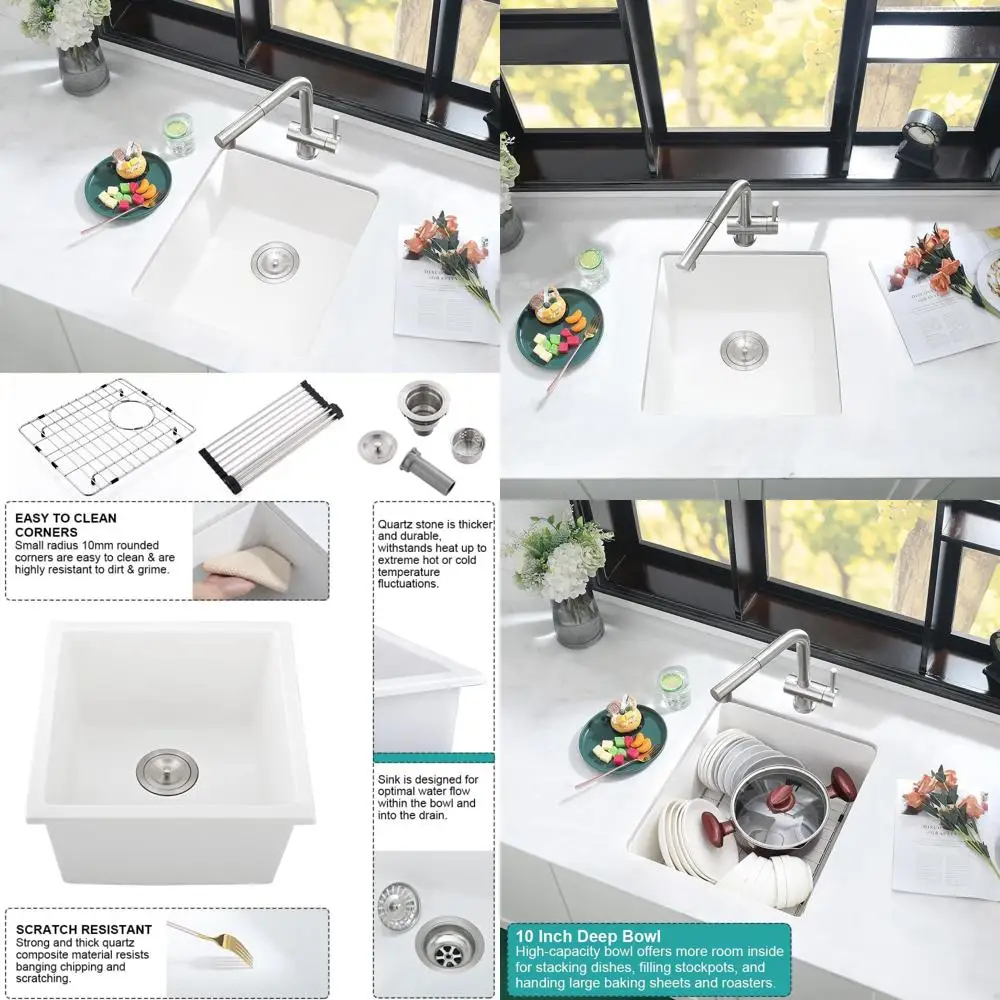 

15 Inch White Granite Composite Undermount Single Bowl Bar Sink for Outdoor RV Use with 15x15 Inch Dimensions