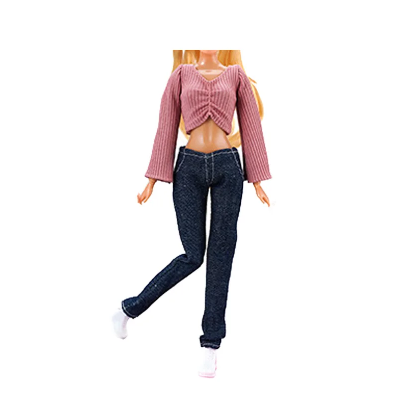 Nieuwe Pop Outfit Voor Barbie 1/6 Bjd Pop Zwart Shirt + Lange Spijkerbroek Casual Kleding Voor Barbie Pop Accessoires Speelgoed