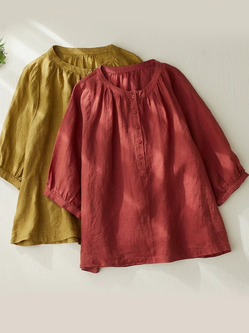 

Casual Cotton Linen Women's irt round Ne Pullover Loose Fit plus Size Belly Covering Slimming Effect Seven Sve Length