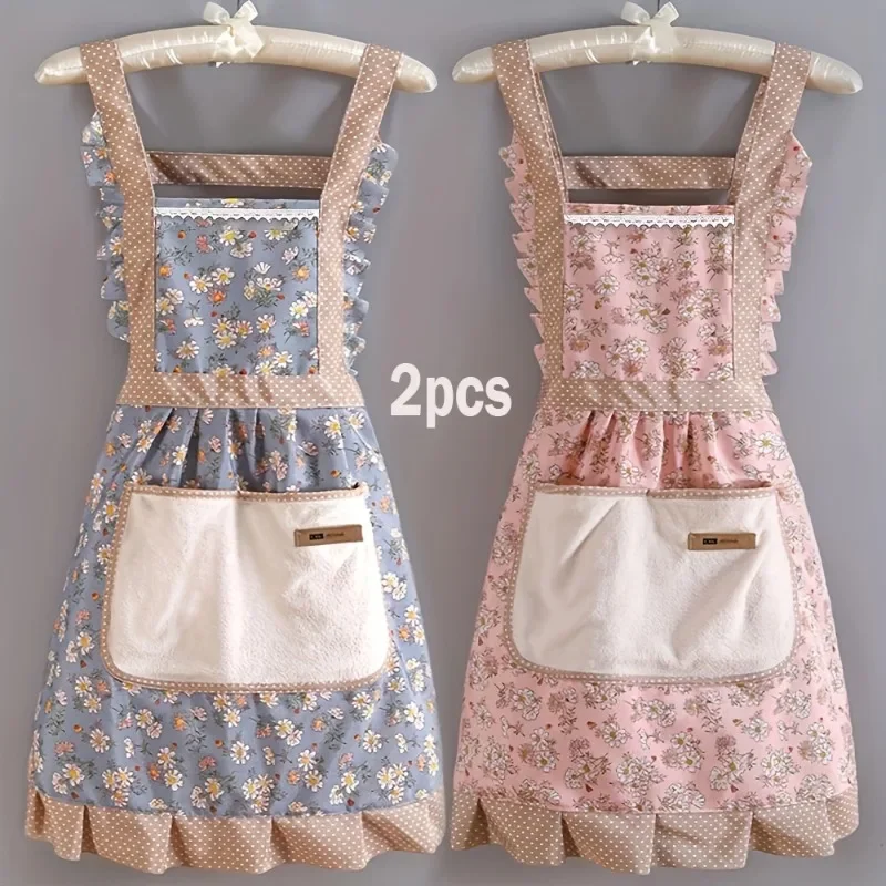 2pcs Canvas Apron for Women Home Kitchen Cooking Breathable Wear Apron Adult Work Apron Floral Apron