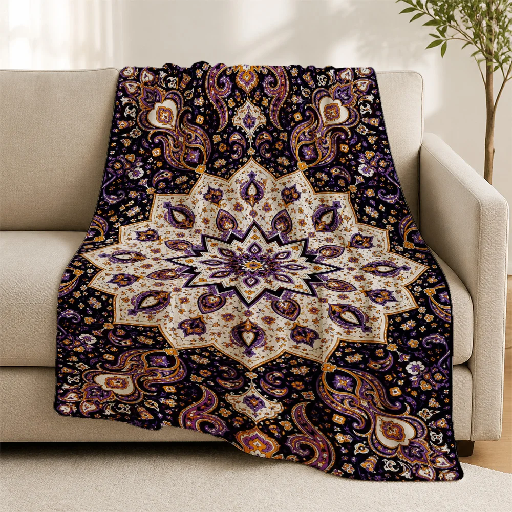 Moroccan Paisley Mandala Pattern Throw Blanket for Sofa Couch Decorative Boho Bohemian Luxury Plush Living Room Decor