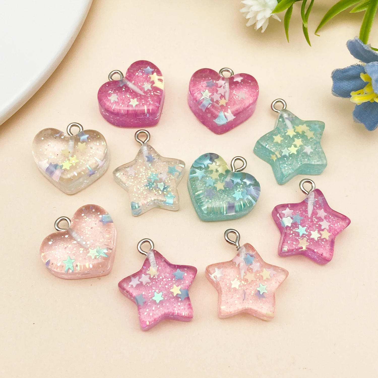 10pcs/Pack Translucent Resin Hearts Pentagram Earring Charms for Earring Bracelet Pendants Jewelry Findings Phone Making ﻿