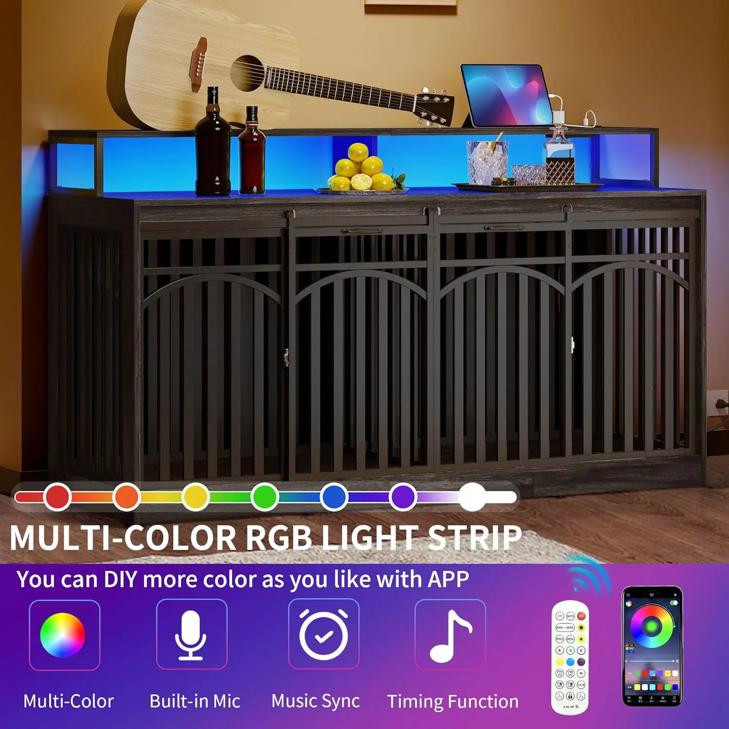 أثاث مزدوج للكلاب مقاس 71 بوصة مزود بإضاءة LED ومنافذ طاقة، وحامل تلفزيون عالي التحمل لبيت الكلاب المزدوج مع أرفف تخزين منزلقة