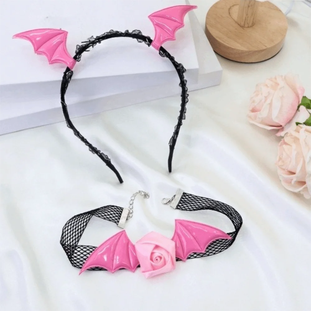 Punk Flower Bat Wings Hairband Mesh PU Leather Headband Necklace Set Gothic Lace Halloween Hair Hoop Kids