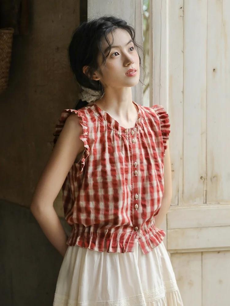 

Женская летняя винтажная блузка Nesoulum Red Plaid Svel из 100% хлопка с французским дизайном, приталенная, с коротким рукавом