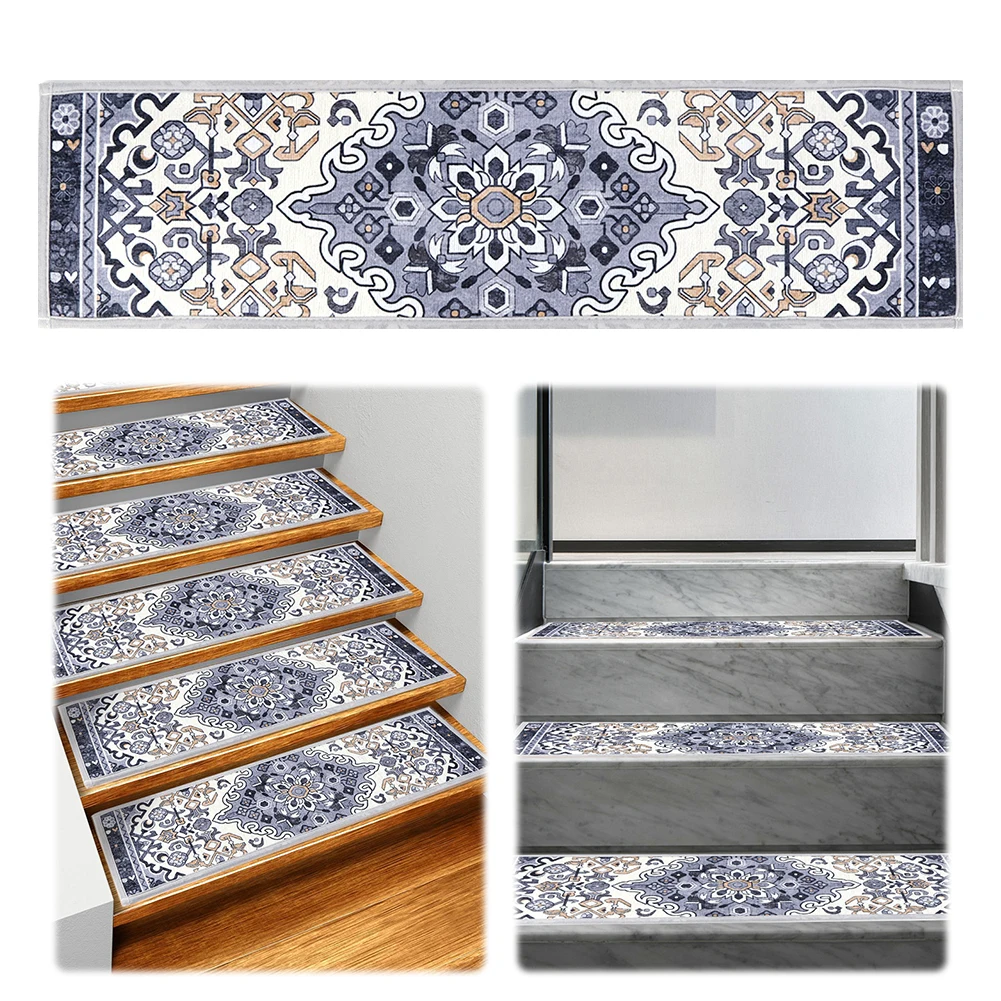 

15PCS Carpet Stair Treads Set Self-adhesive Backing Non Slip Rug Tread Reusable Indoor Stair Rugs Bohemian for Dogs Kids & Elder