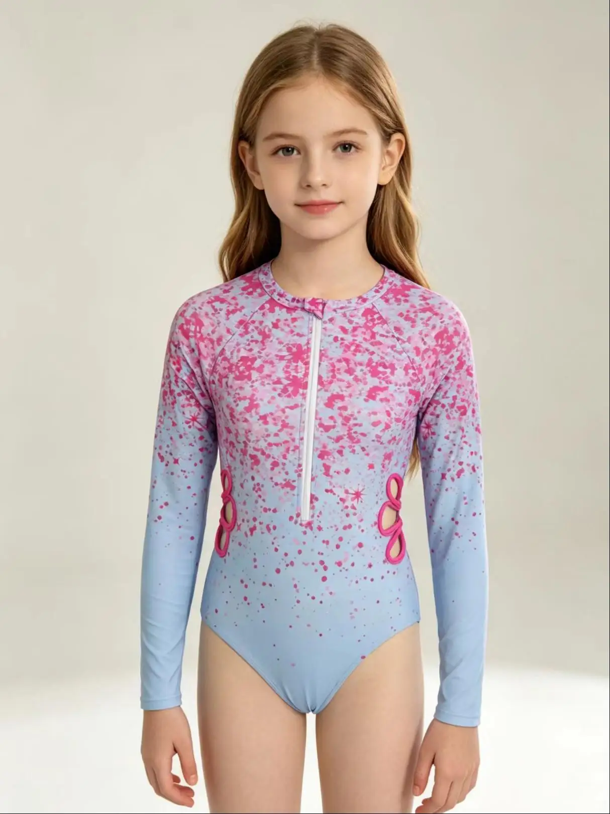 Girls Long Sleeve Swimsuit One Piece Zipper Sun Protection Surfing Swimwear Breathable Hollow Out Printed 13-16Y Rash Guard