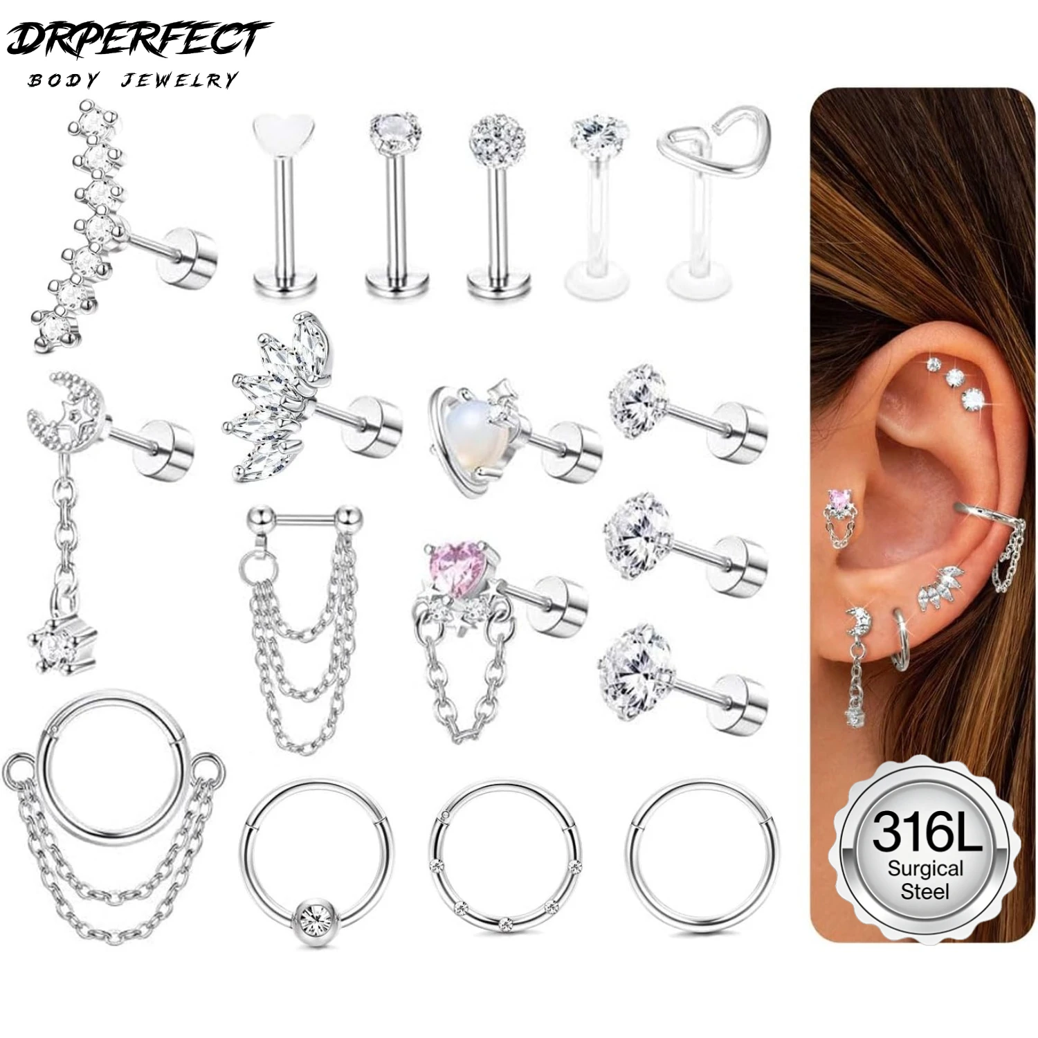 Body Jewelry Surgical Steel - Drperfect Zestaw 18 szt. hipoalergicznych kolczyków