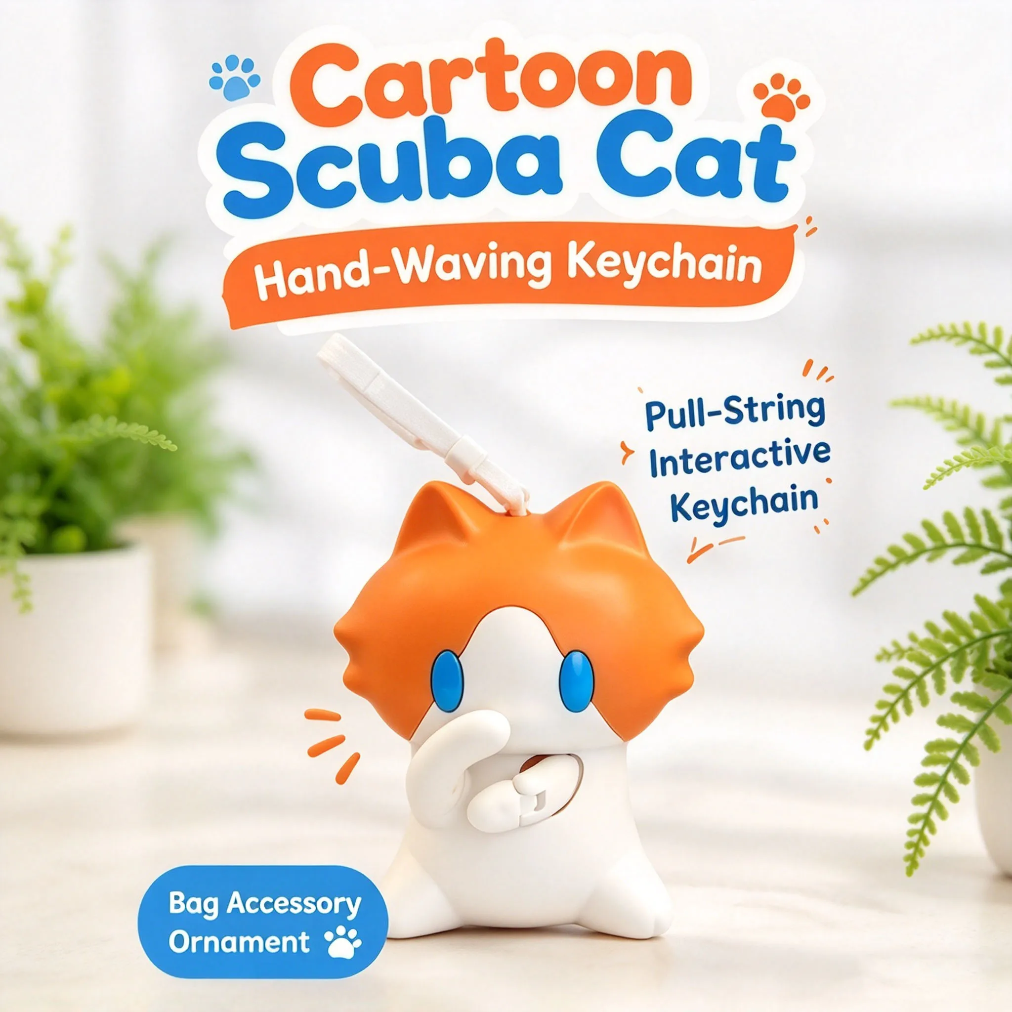 Kawaii  Scuba Cat Hand-Waving Keychain Monthly Salary Cat Pull-String Hand-Waving Interactive Keychain Bag Accessory Ornament