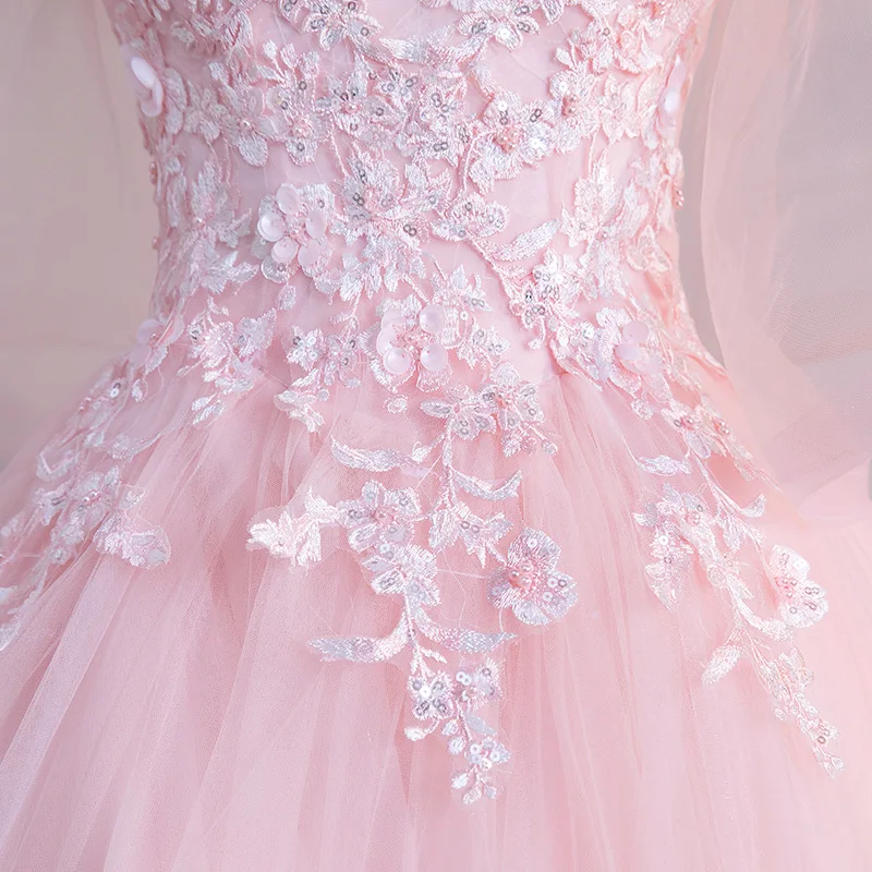 Vestido De quinceañera rosa con hombros descubiertos, Media manga, Apliques De encaje, Princesa, baile, 15, 2024