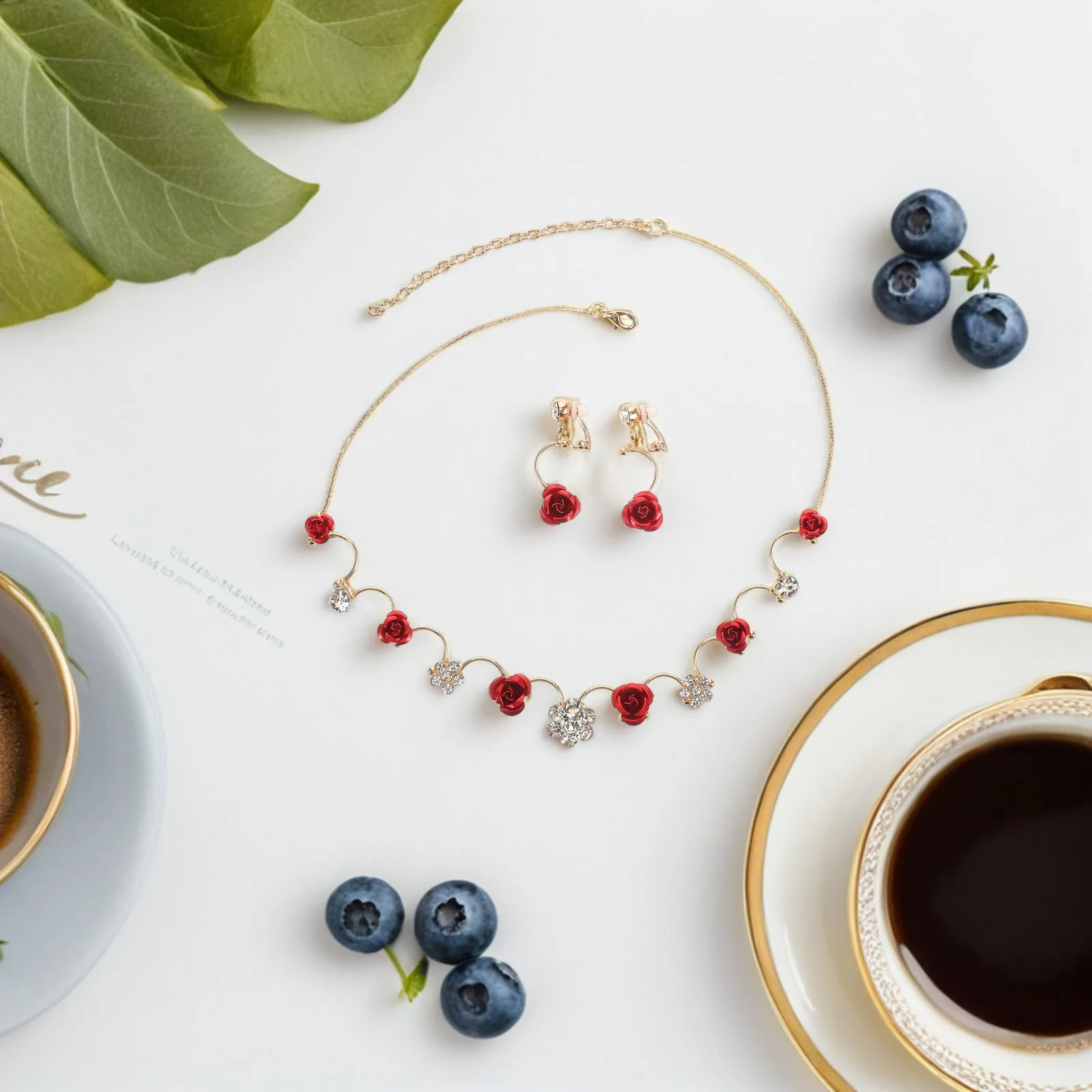 

Children Jewelry Set Red Flower Necklace Earrings for Girls Performances Pageants Charming Durable Cute Gift Spring Earrings