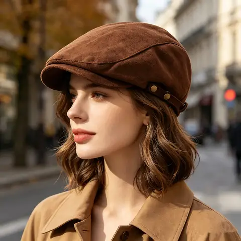 Women Vintage Faux‑Suede Newsboy Ivy Cap Metal Button Decor Adjustable Peaked Beret Hat Casual Outdoor Autumn Winter Hat