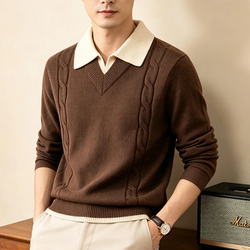Fake Two Piece Shirt Collar Knitted Sweater Men's Autumn and Winter New Warm Jacquard Sweater Pullover Small Sweater Collar