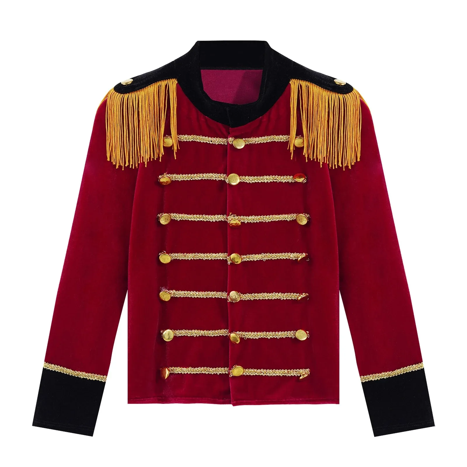 Kids Boys Drum Trumpet Team Honor Guard Uniform Cosplay Costume Velvet Long Sleeves Tassels Gold Braid Trim Adorned Tops