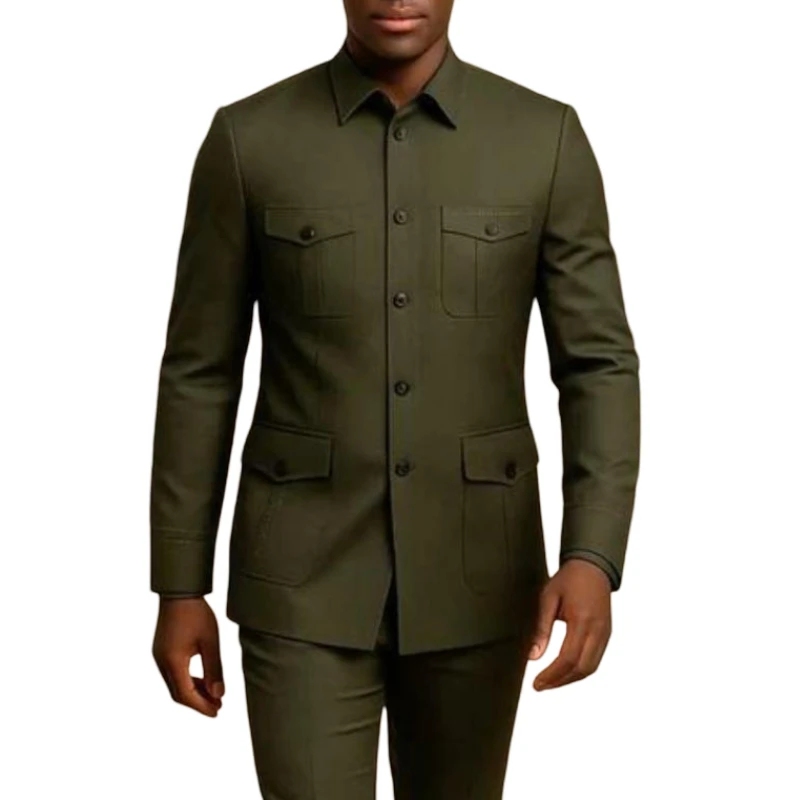 Safari Casual Men Suits with Pockets Stand Collor Chinese Fashion Style Slim Fit Wedding Suit Custom Made 2 Pieces Jacket Pants view 3