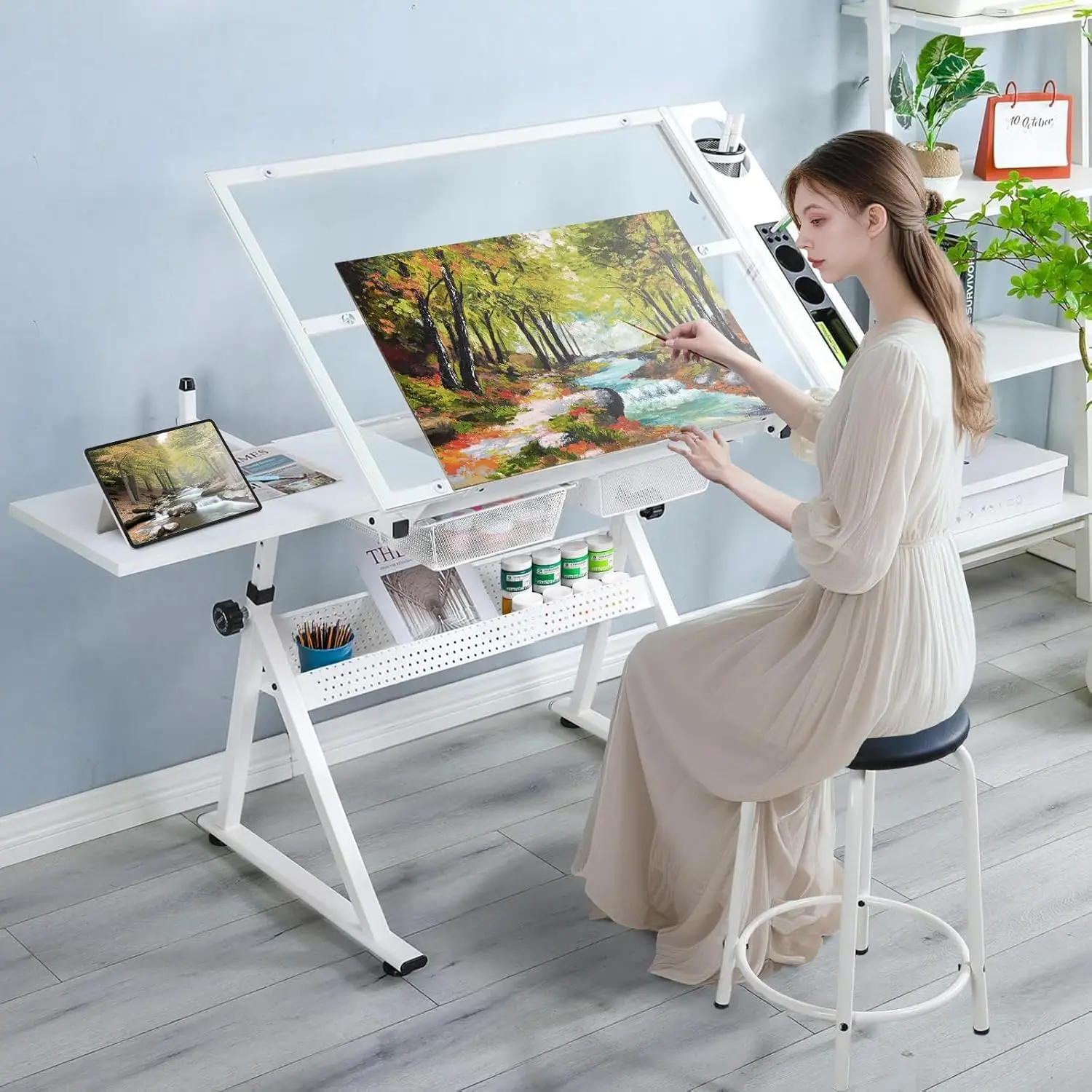 Drafting Table, Height Adjustable Art Tabe with Stool, White, Customized