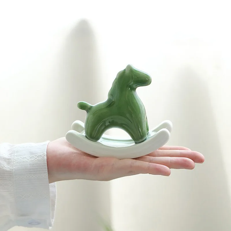 

Creative Ceramic Rocking Horse Decor Desktop Feng Shui Study Room Ornament Green Horse Gift Handcrafted
