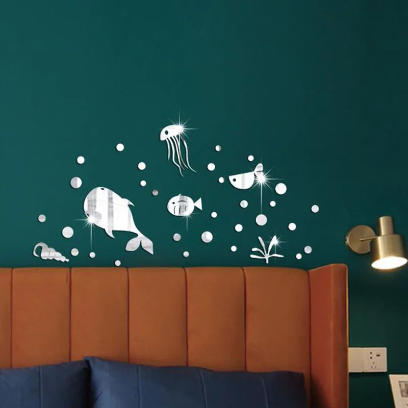 2 Sets Acrylic Mirror Sticker Ocean Fish World Wall Mirror DIY self-adhesive Stickers for Living Room Bedroom Home Decoration