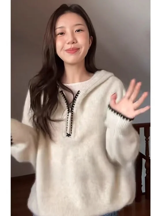 

Женская толстовка оверсайз из трикотажа, мягкий утепленный пуловер на осень-зиму, повседневный, удобный, стильный дизайн, длинный рукав, на молнии