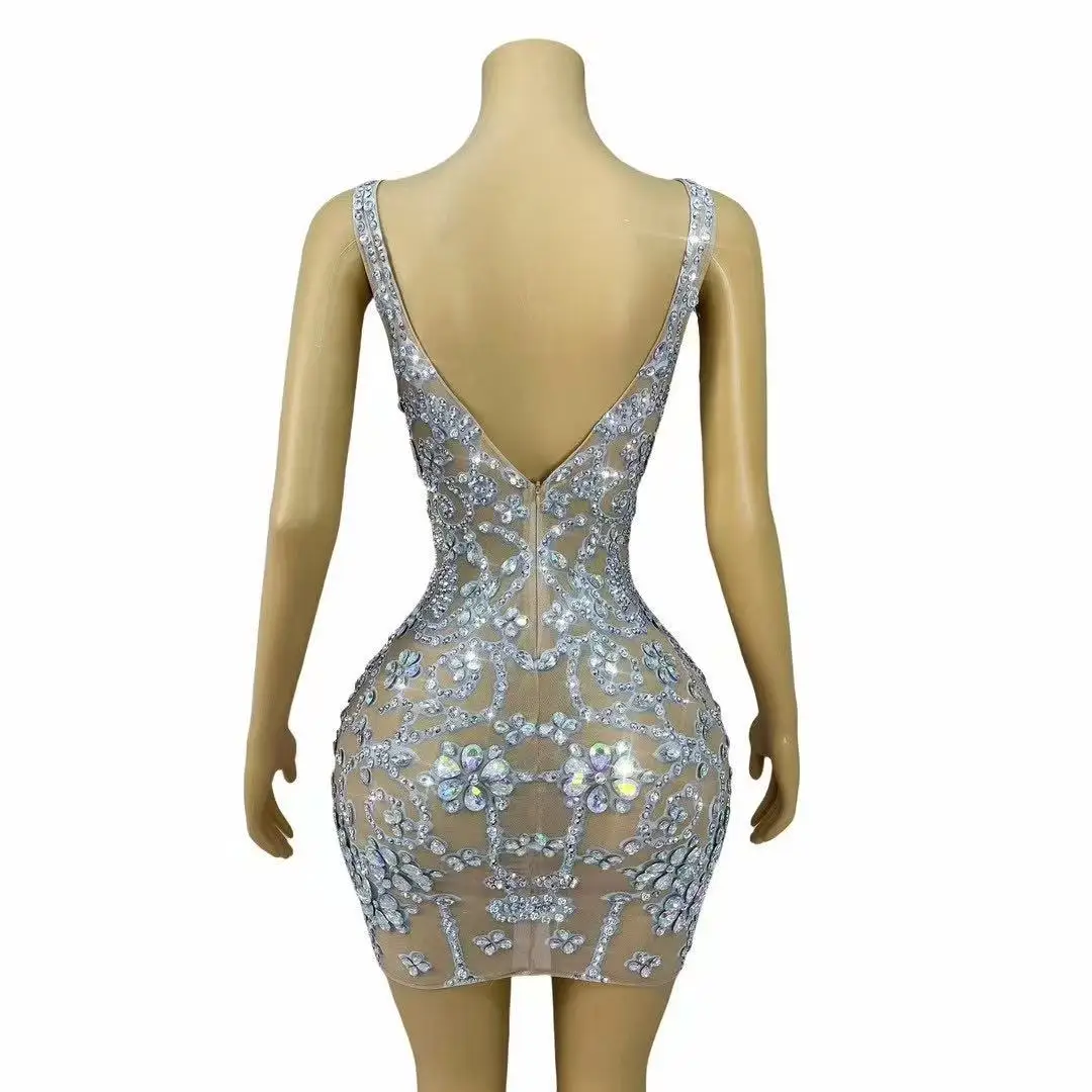 Seksowna scena elegancka impreza migające cyrkonie przezroczysta siateczka krótka sukienka wieczorowa urodziny świętuj strój kostium do sesji zdjęciowej