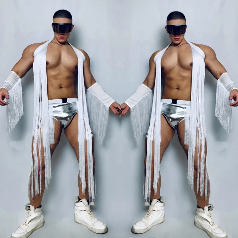 Men Sexy Pole Dance Clothing Gogo Costume White Long Fringes Vest Laser Shorts Nightclub Bar Dj Ds Stage Rave Outfit XS5445